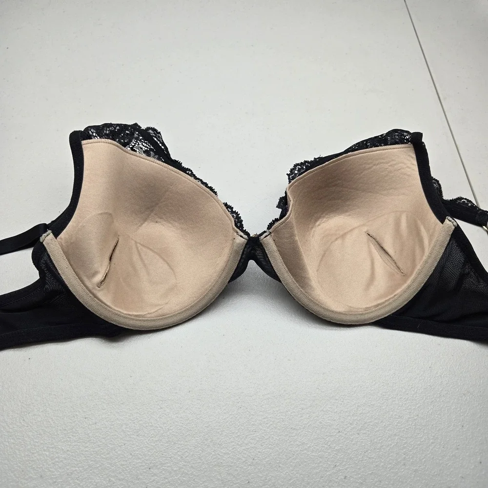 Thirdlove Women Bra 32F Black Outer Beige Lining Floral Balconette